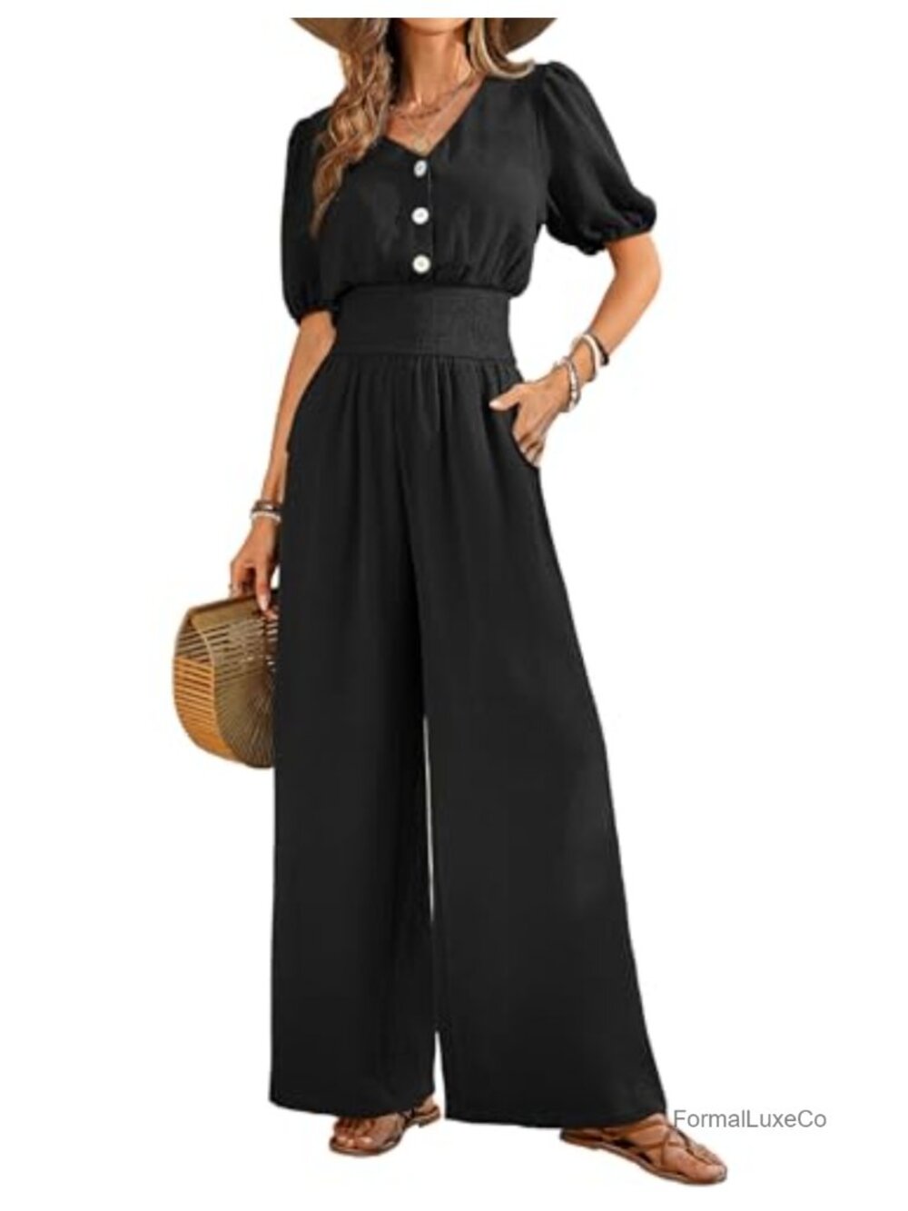 Womens V-Neck Button Short Sleeve Wide Leg Jumpsuit Smocked Waist Pockets